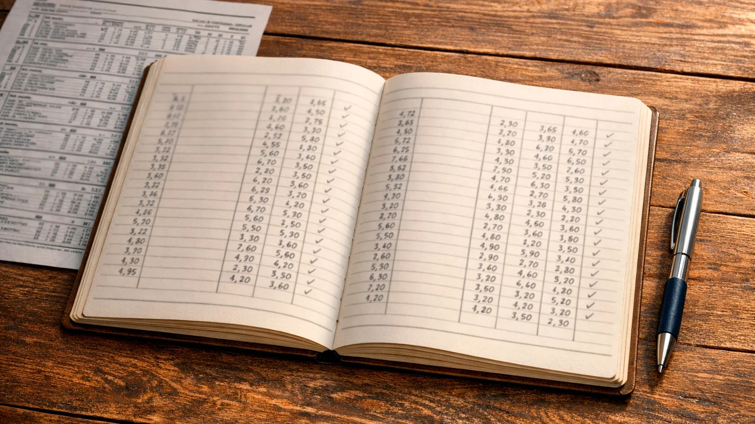 Notizbuch mit Wettprotokoll und Stift auf einem Tisch neben einem Rennprogramm