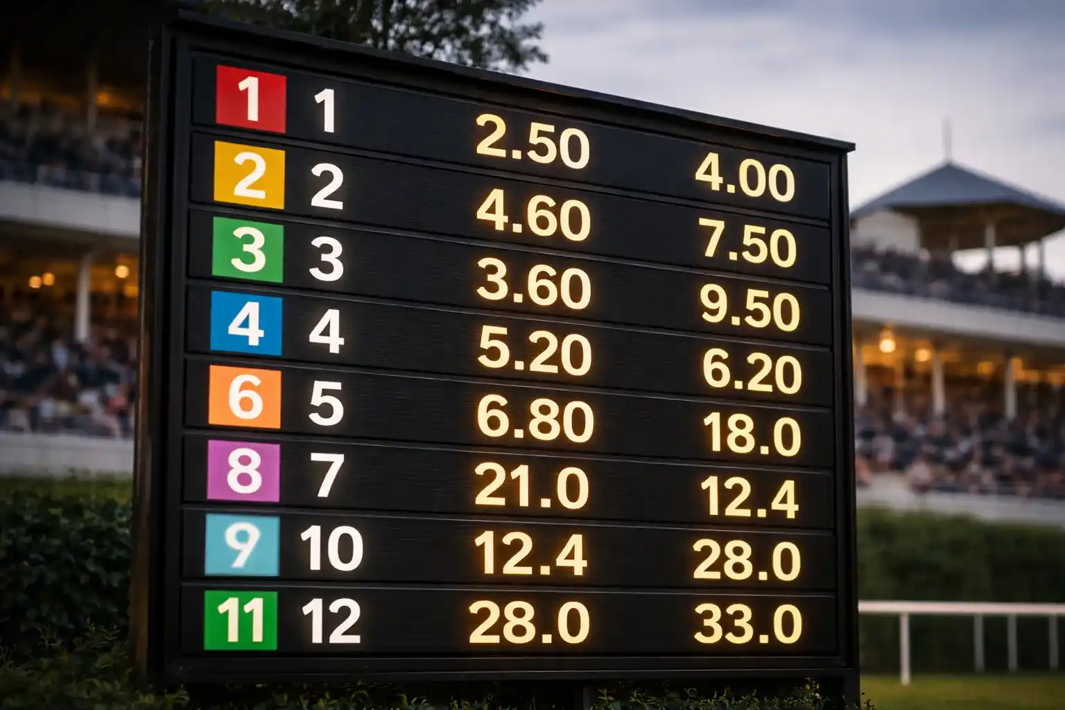 Digitale Anzeigetafel mit Wettquoten für Pferderennen