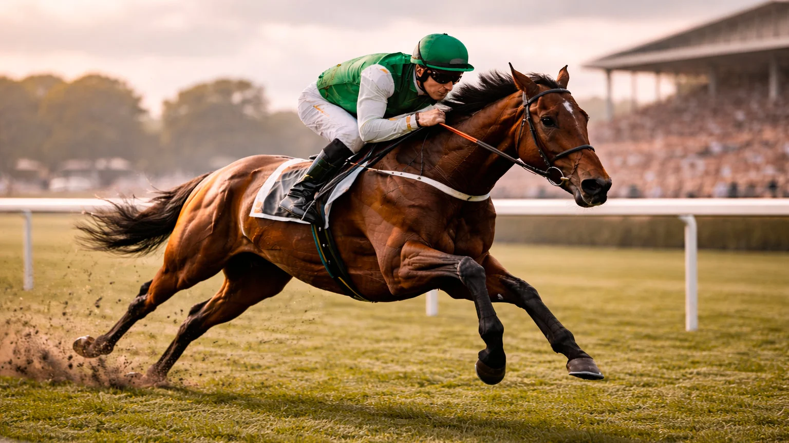 Jockey auf einem Rennpferd im gestreckten Galopp auf der Rennbahn