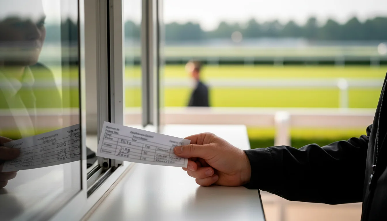 Hand reicht einen Wettschein am Totalisator-Schalter einer Pferderennbahn