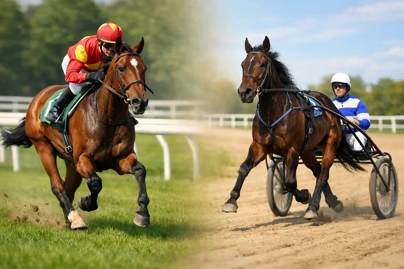 Galopprennpferd und Traber im Vergleich nebeneinander
