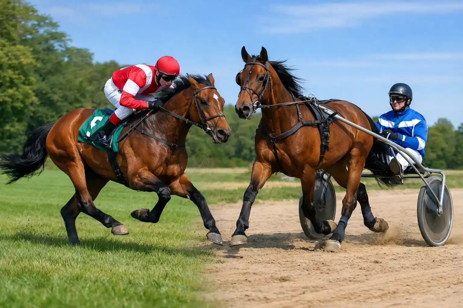 Vergleich zwischen Galopprennen mit Jockey und Trabrennen mit Sulky auf der Rennbahn