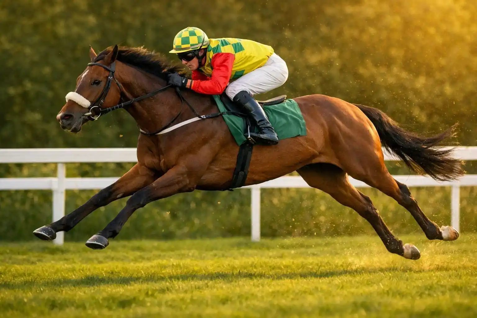 Vollblutpferd mit Jockey im vollen Galopp auf der Rennbahn