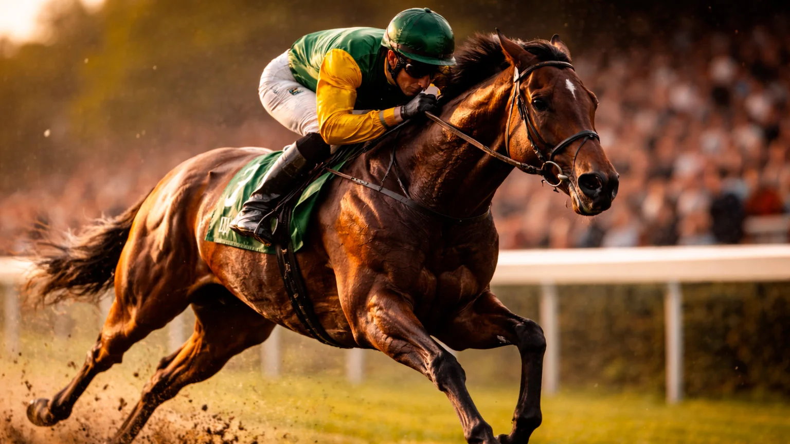 Jockey in bunten Rennfarben treibt sein Pferd im Endspurt auf der Zielgeraden an