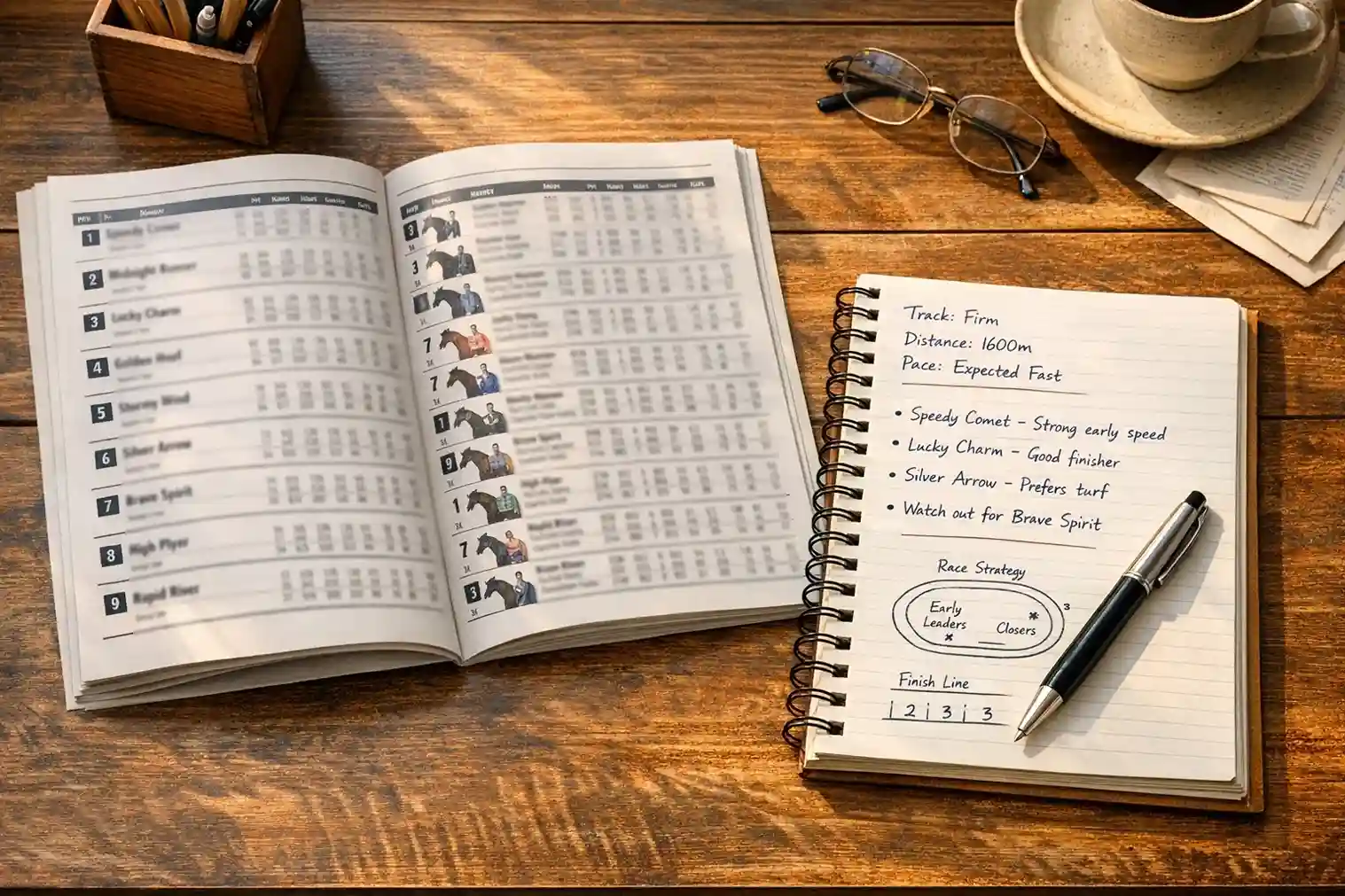 Person analysiert Rennstatistiken mit Notizen