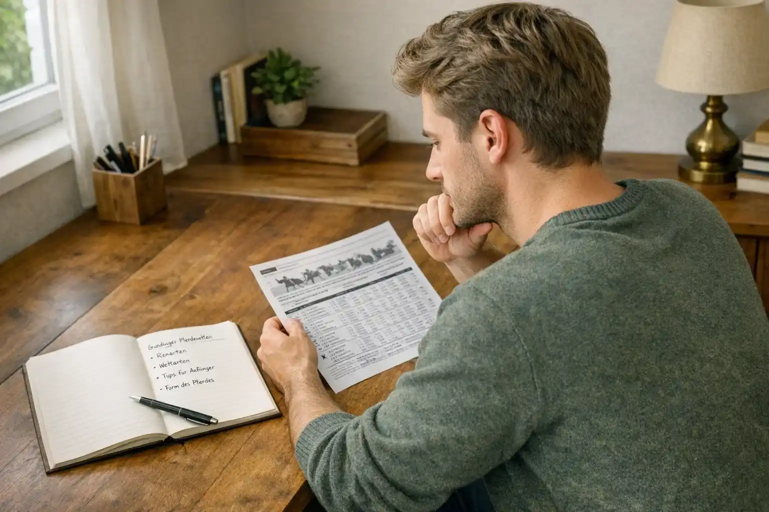 Einsteiger lernt Grundlagen der Pferdewetten mit Notizen