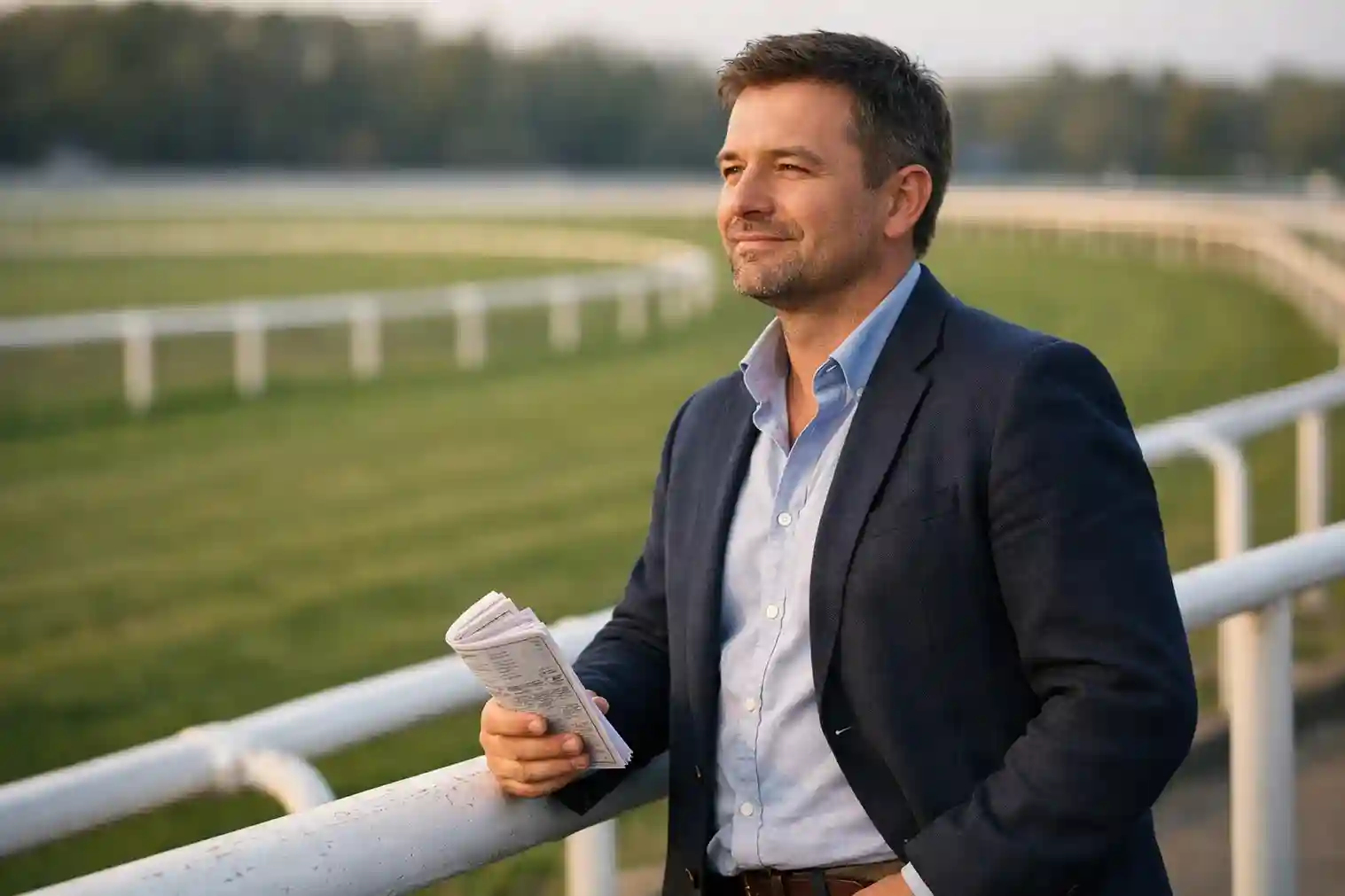 Zufriedener Wetter mit Blick auf die Rennbahn