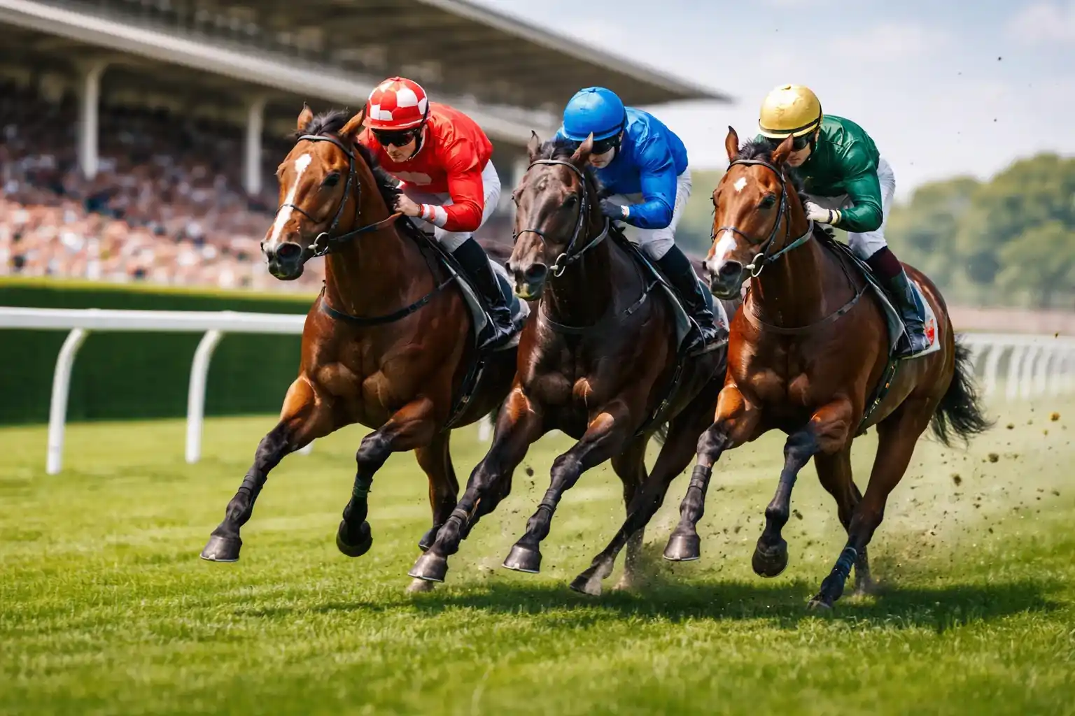 Pferderennen auf der Rennbahn mit Jockeys im Galopp