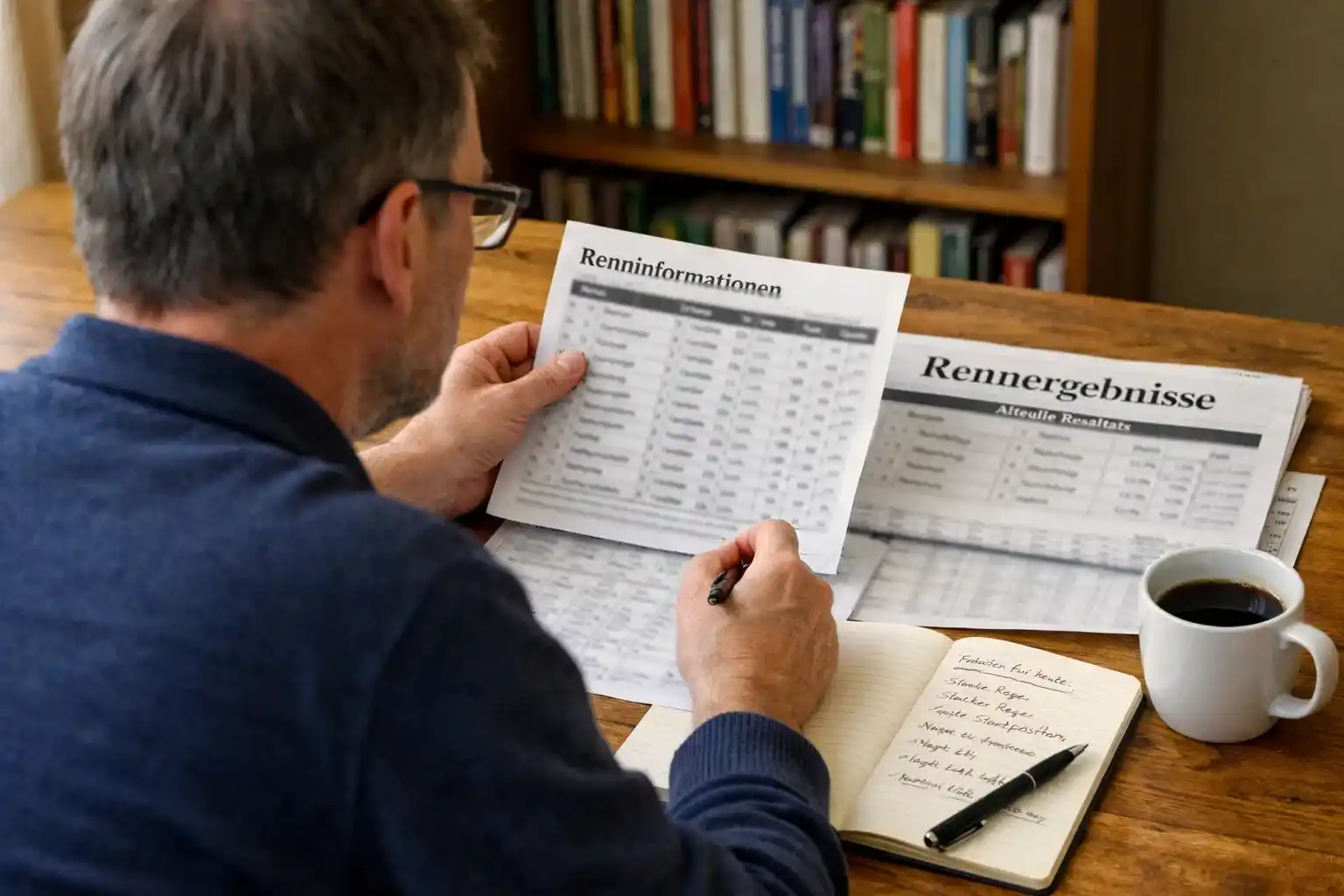 Erfahrener Wetter analysiert Rennformulare und Statistiken vor dem Pferderennen