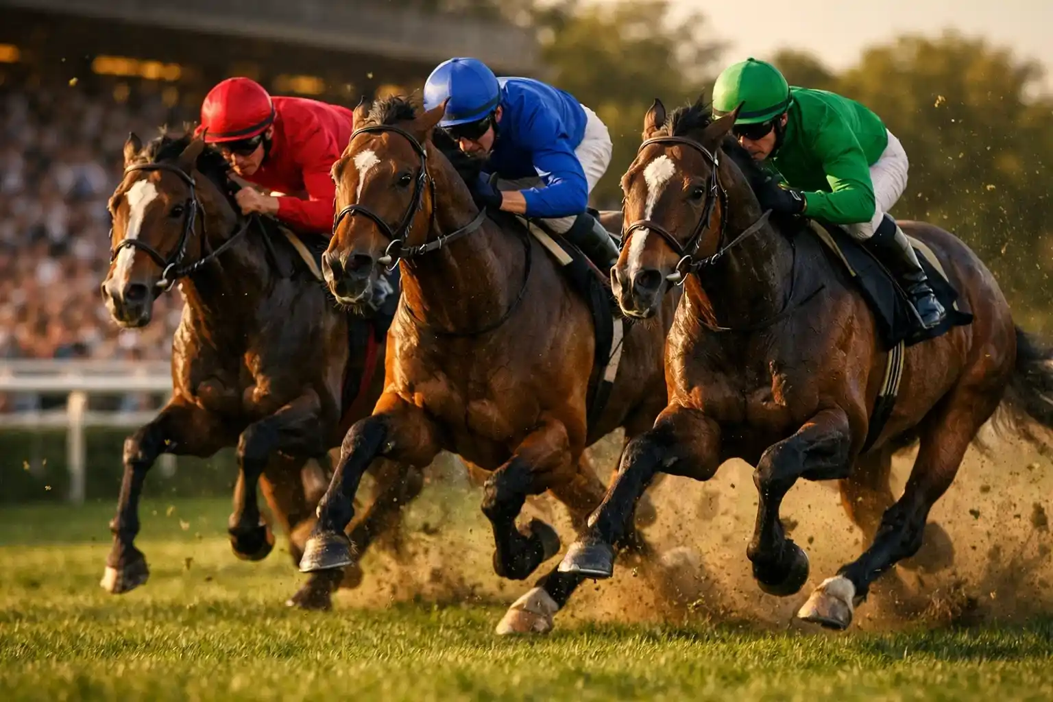 Pferderennen auf der Rennbahn mit Jockeys im Wettkampf