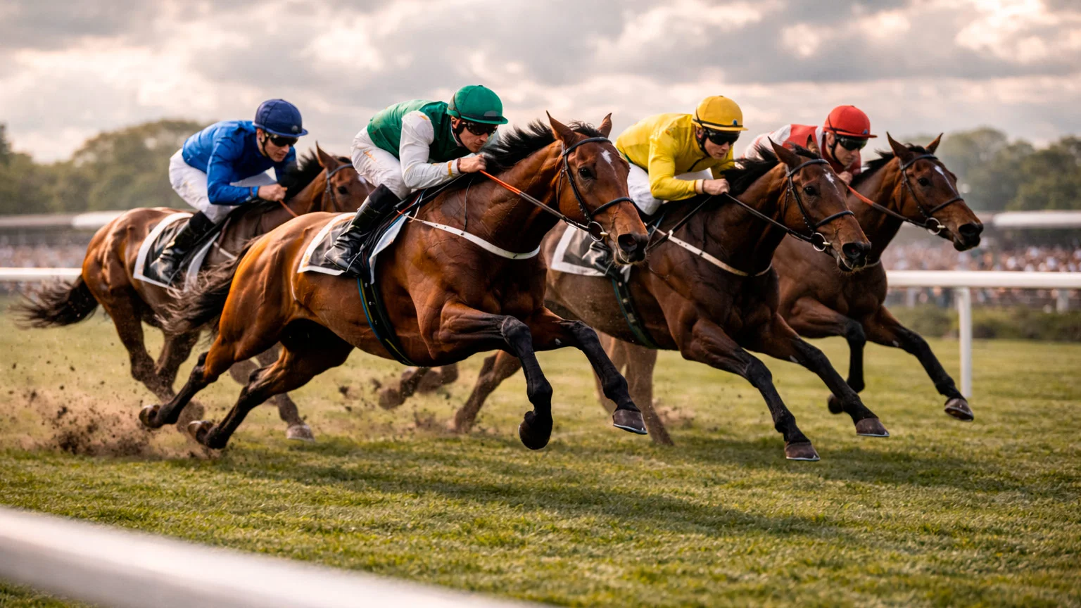 Gruppe von Rennpferden im engen Kampf um die vorderen Plätze