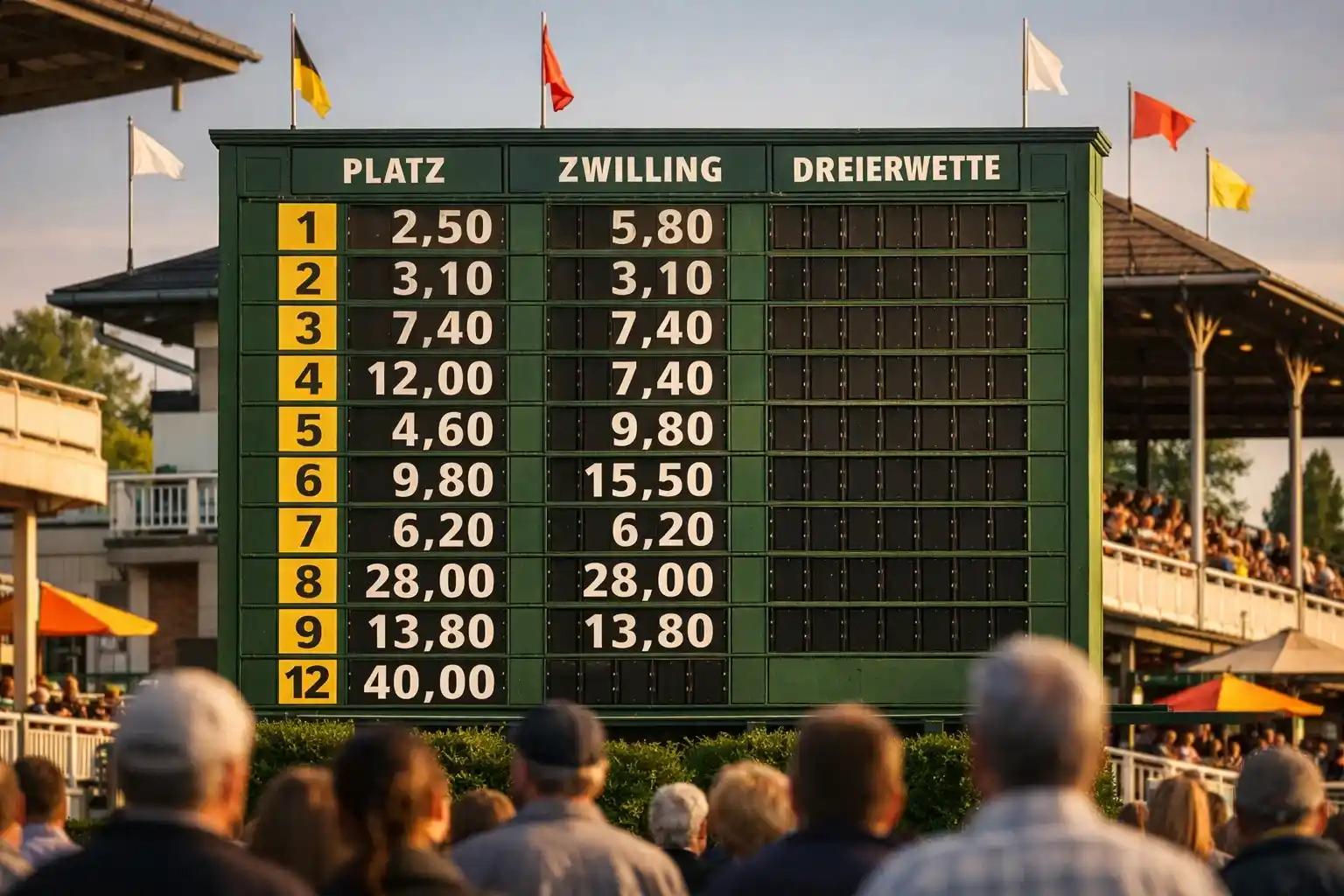 Anzeigetafel mit Wettquoten auf einer deutschen Pferderennbahn