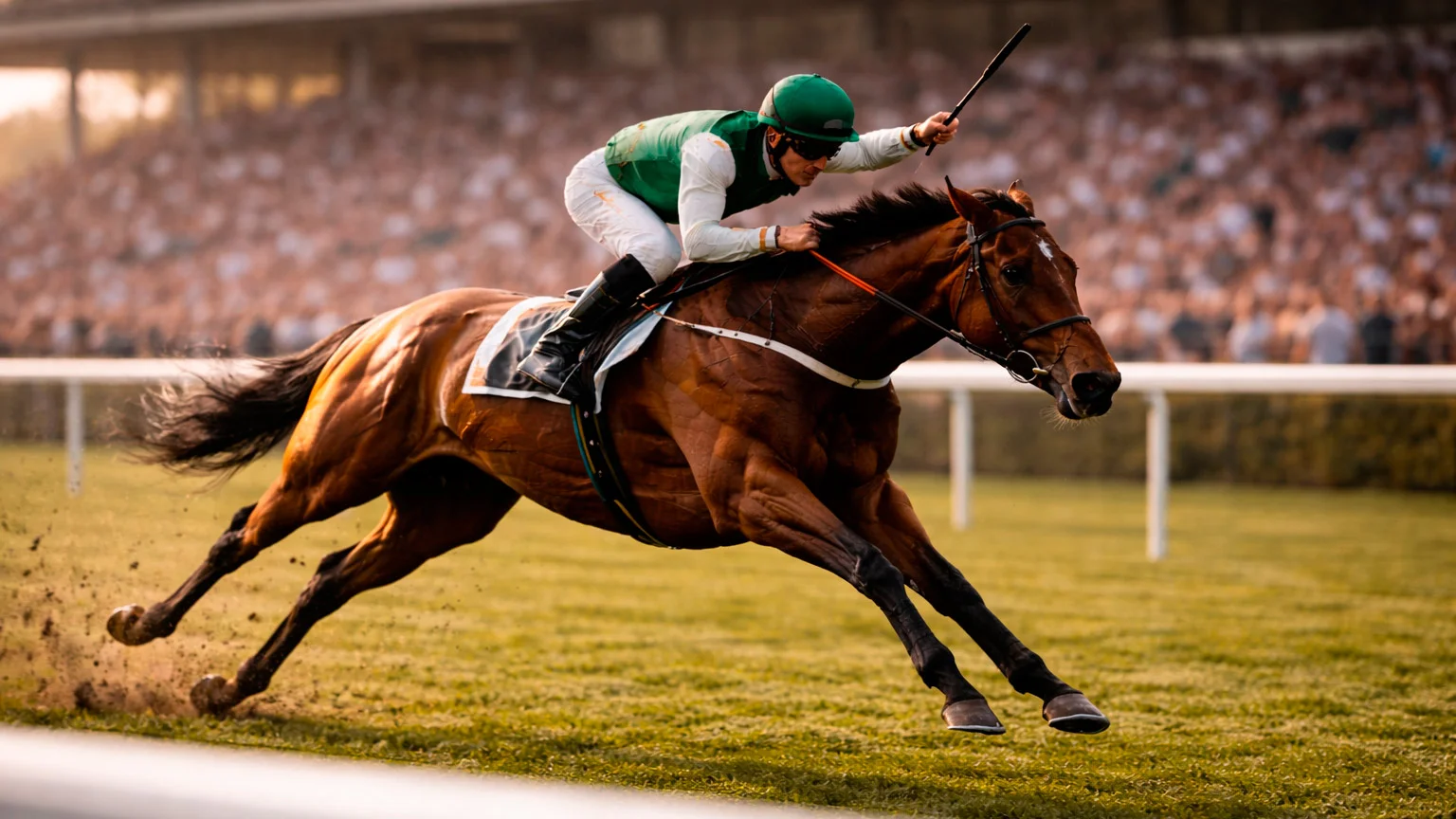 Pferd überquert als Erstes die Ziellinie bei einem Galopprennen
