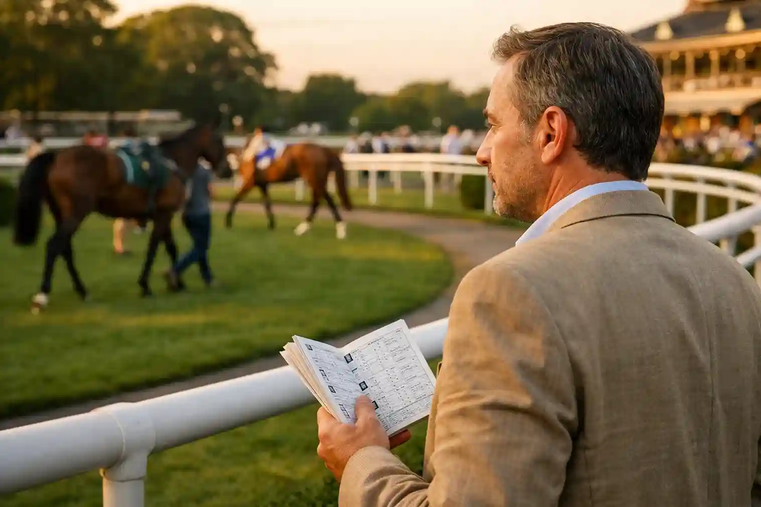 Erfahrener Wetter beobachtet Pferde vor dem Rennen