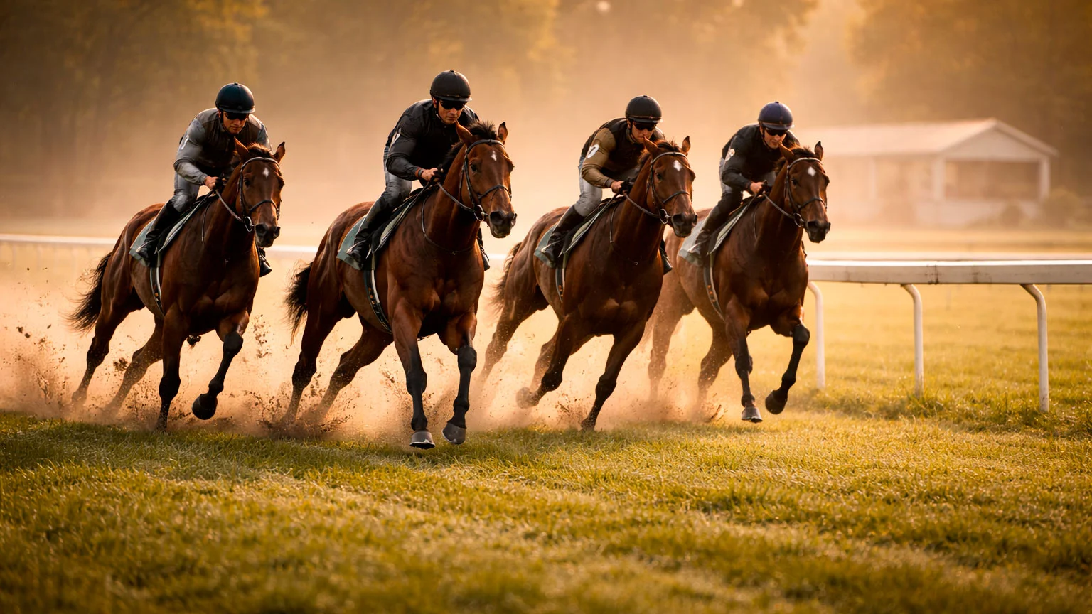 Rennpferde eines Trainingsquartiers beim morgendlichen Galopp auf der Trainingsbahn
