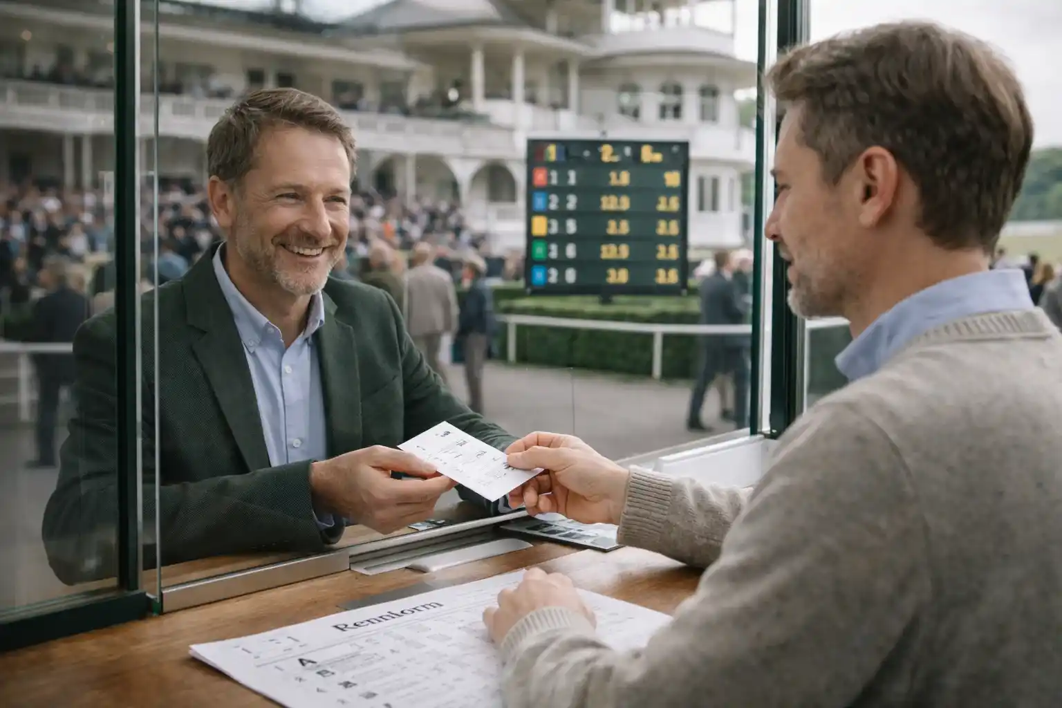 Wettschalter am Totalisator auf einer deutschen Galopprennbahn