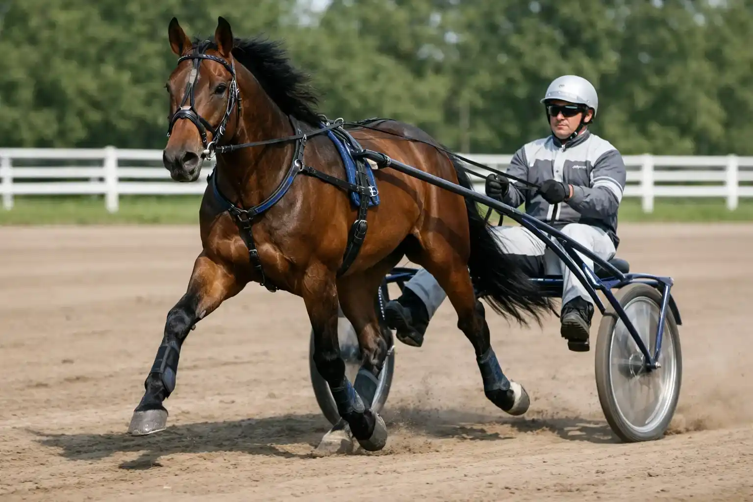 Traber mit Sulky und Fahrer auf der Sandbahn