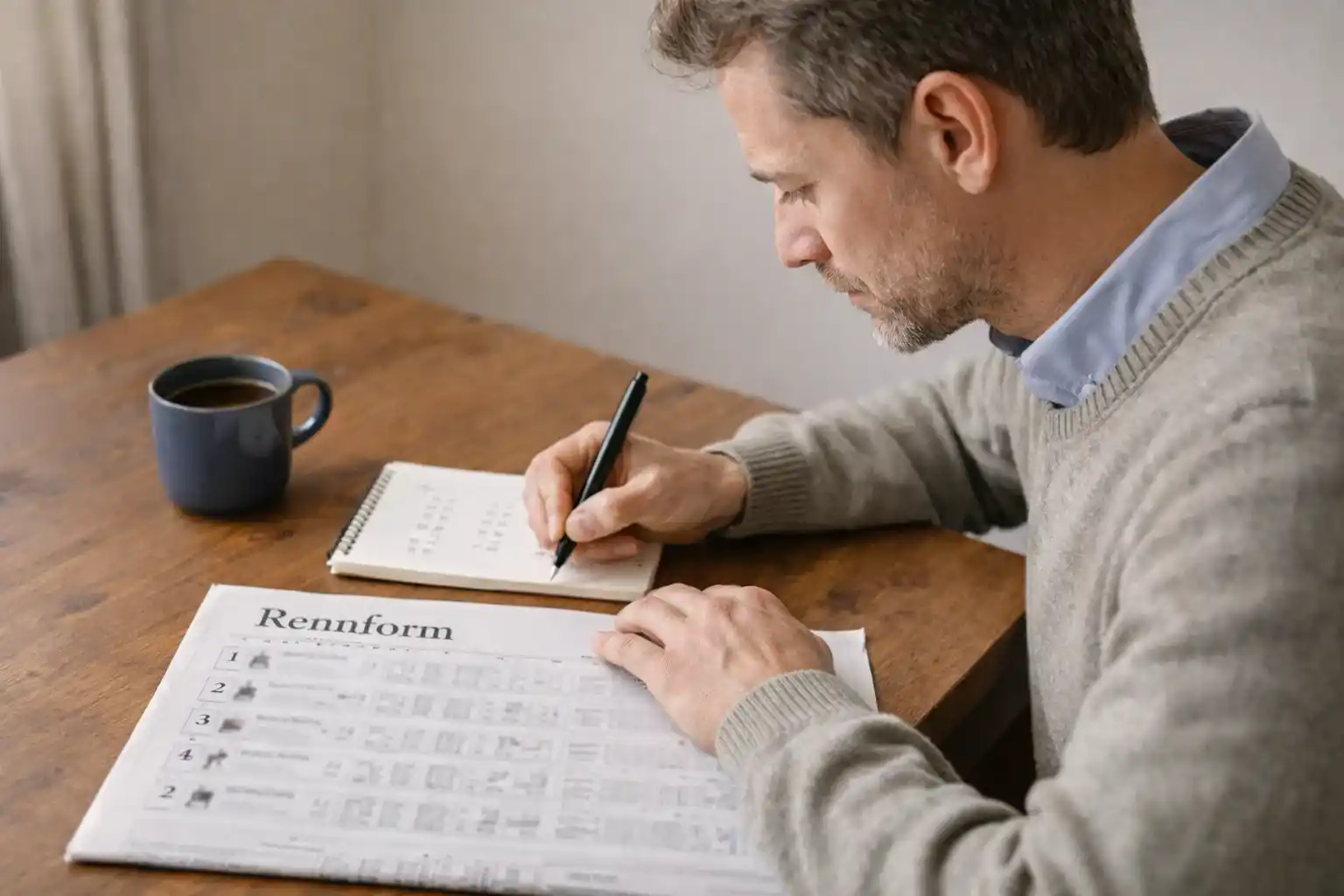 Person analysiert Wettquoten am Schreibtisch mit Notizblock